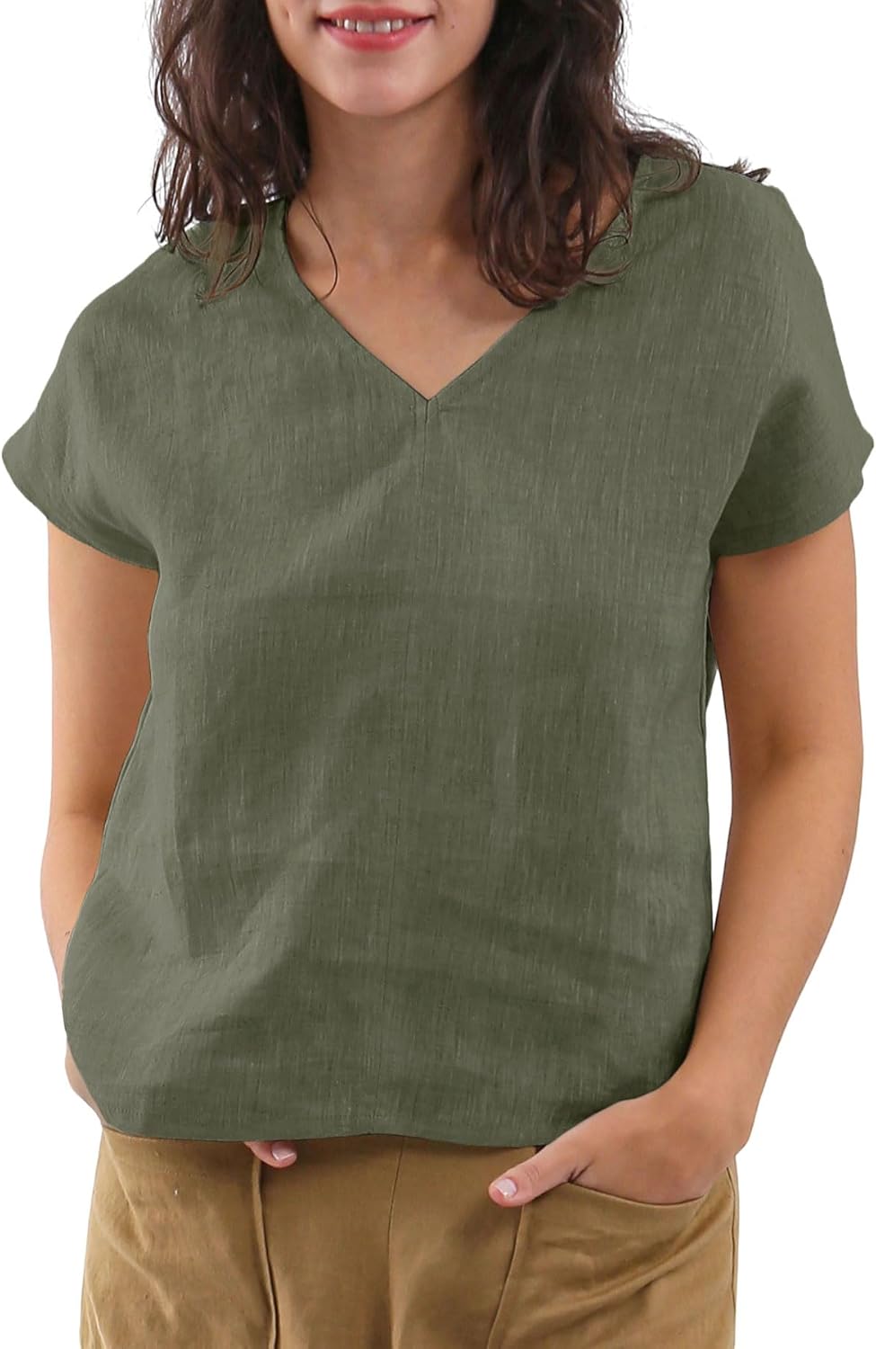 Women's 100% Linen V Neck Short Sleeve Tops