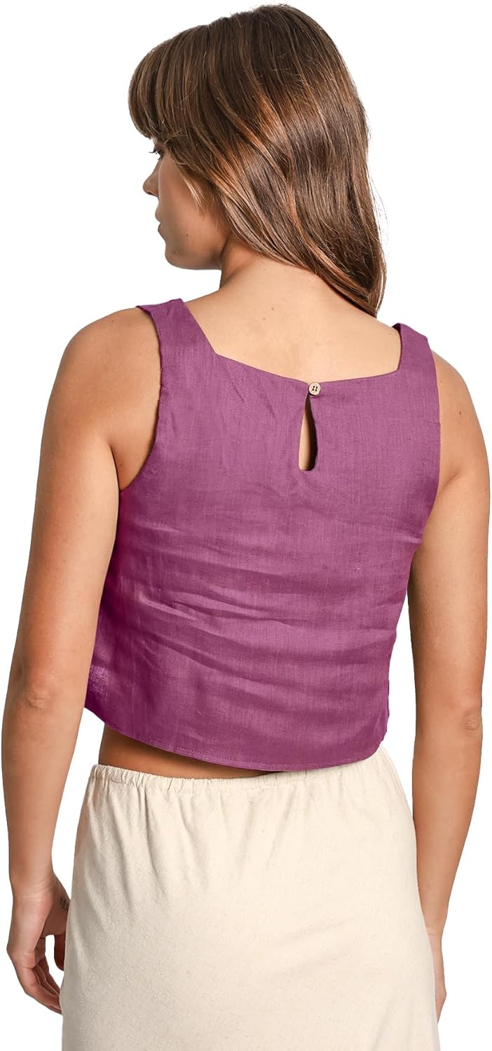 Women's 100% Linen Square Neck Sleeveless Back Keyhole Crop Tops