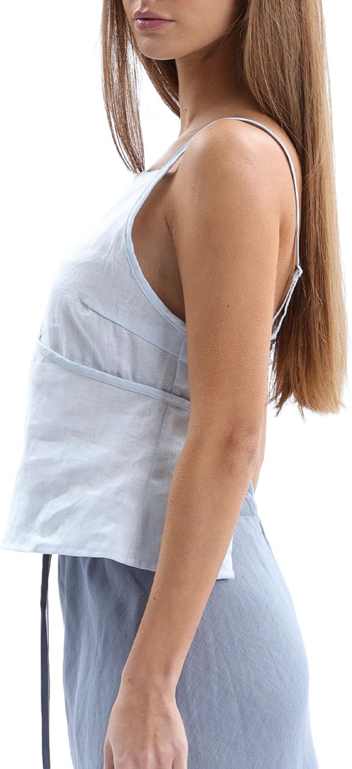 Women‘s 100% Linen Backless Square Neck Spaghetti Strap Tank Tops