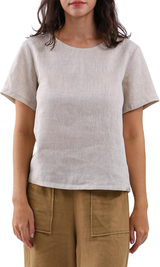 Women's 100% Linen Tops Short Sleeve Casual Blouse