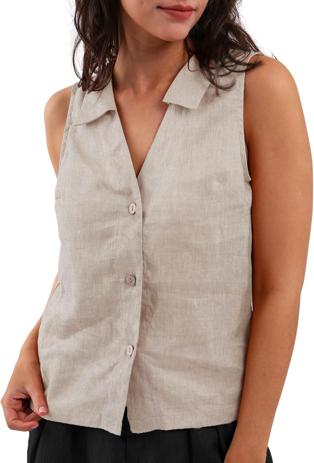 Women's 100% Linen Sleeveless Button-Down Tops Crop Vest