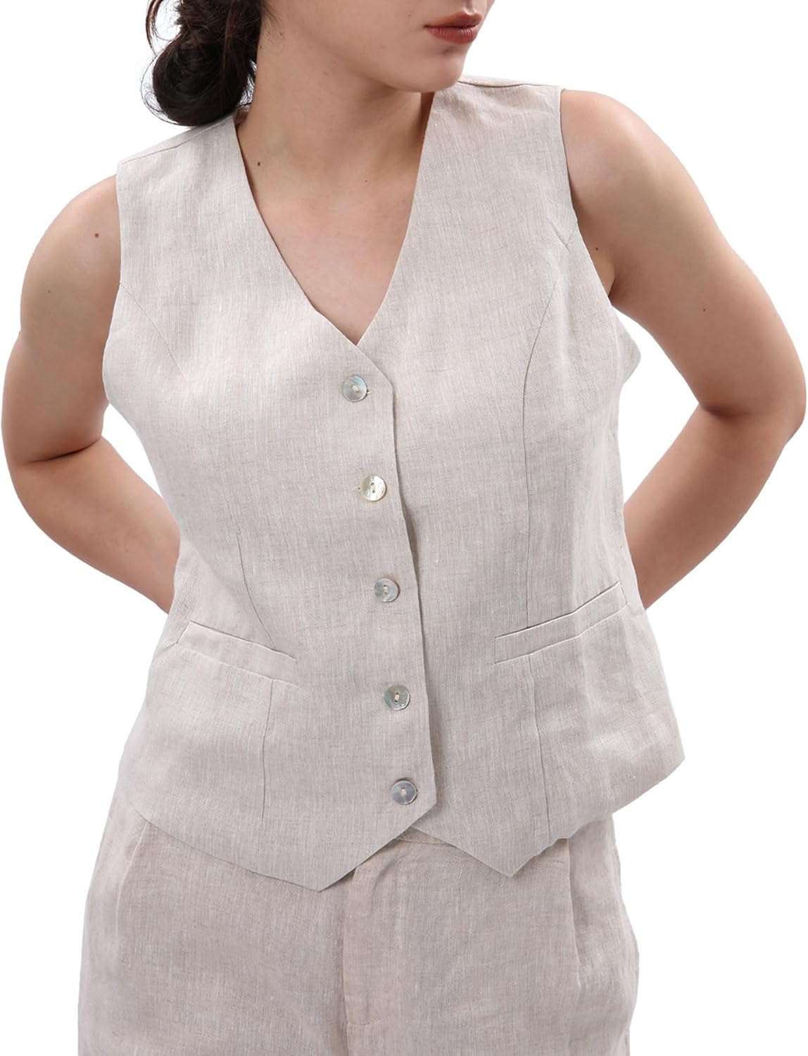 Women's 100% Linen Button Down Waistcoat Sleeveless Crop Top