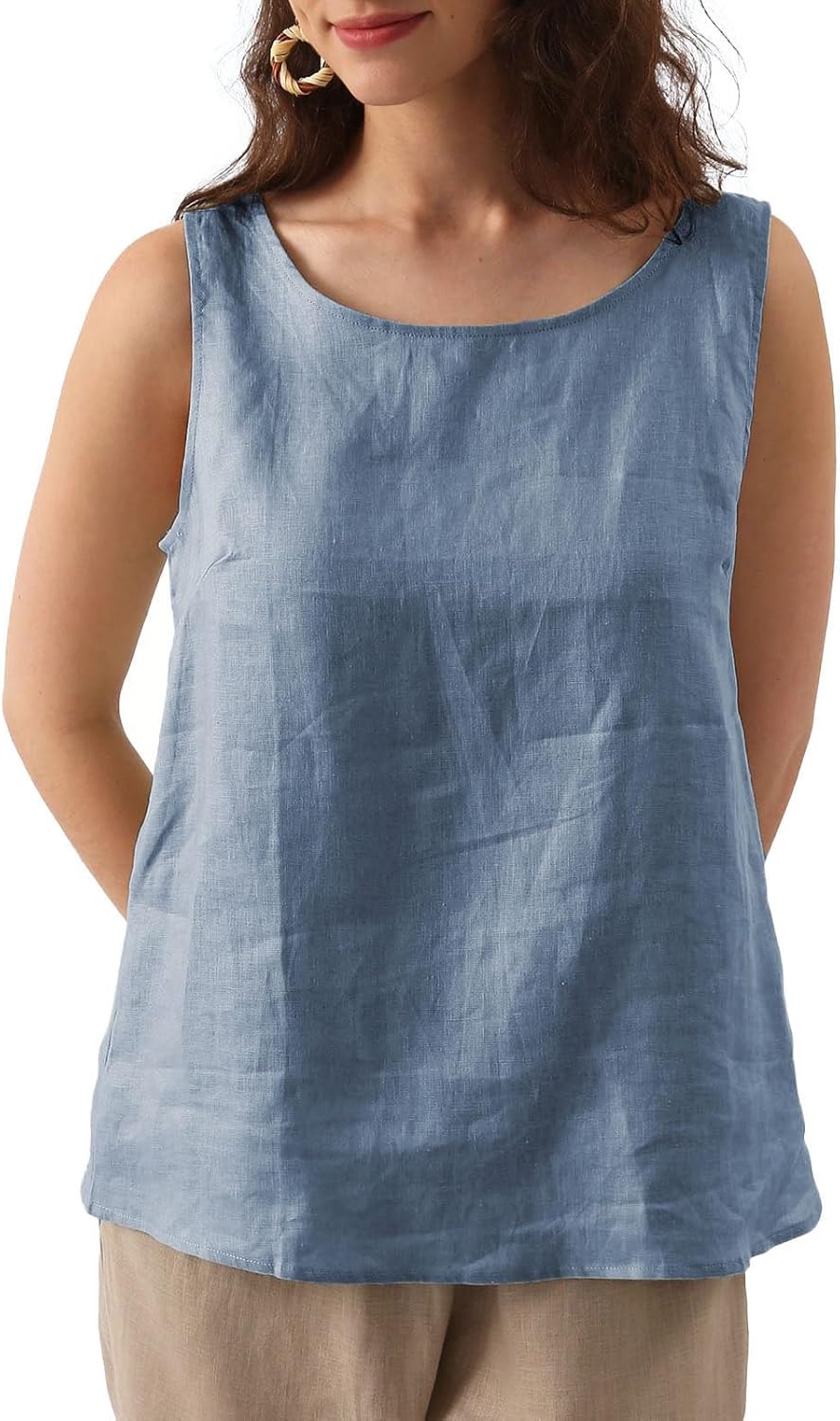 Women's 100% Linen Crewneck Sleeveless Tank Tops