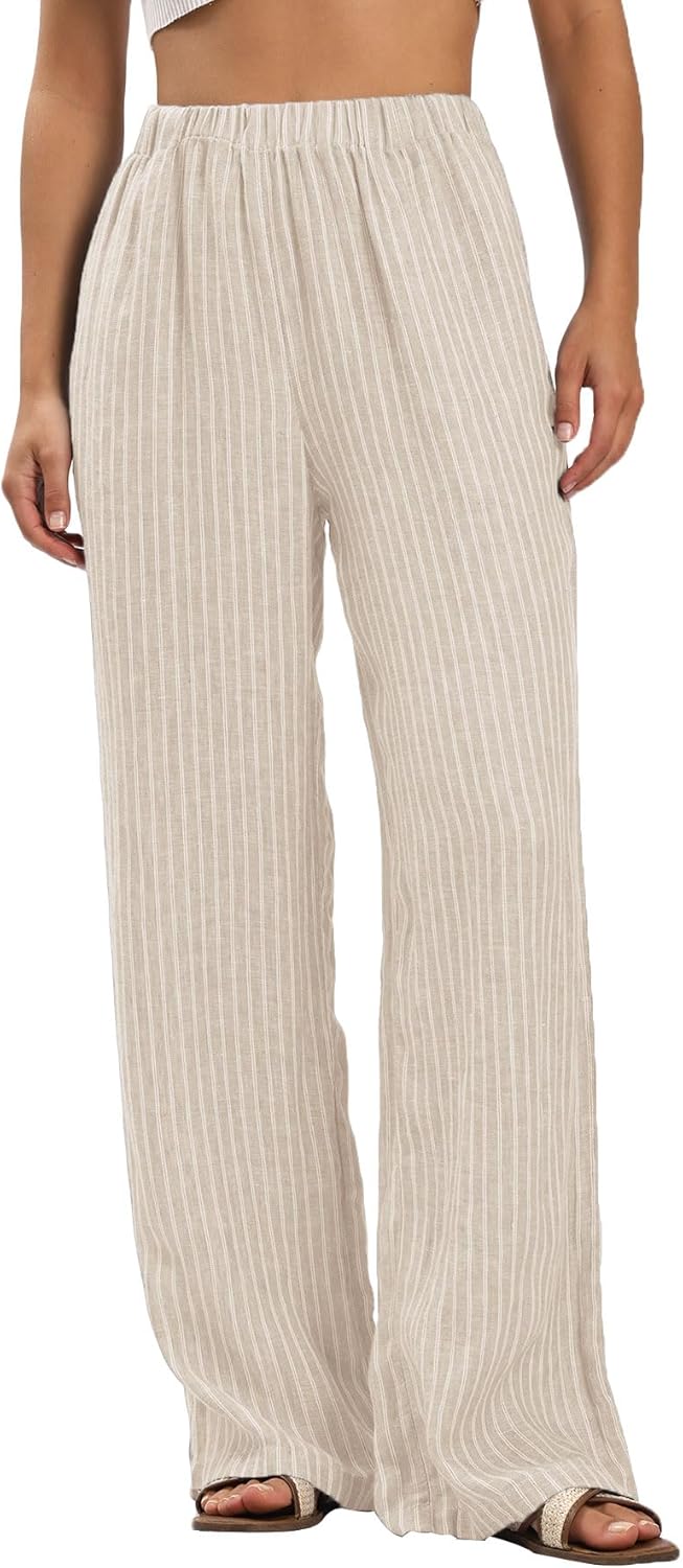 Women's 100% Linen Elastic Waist Stripes Wide Leg Pants