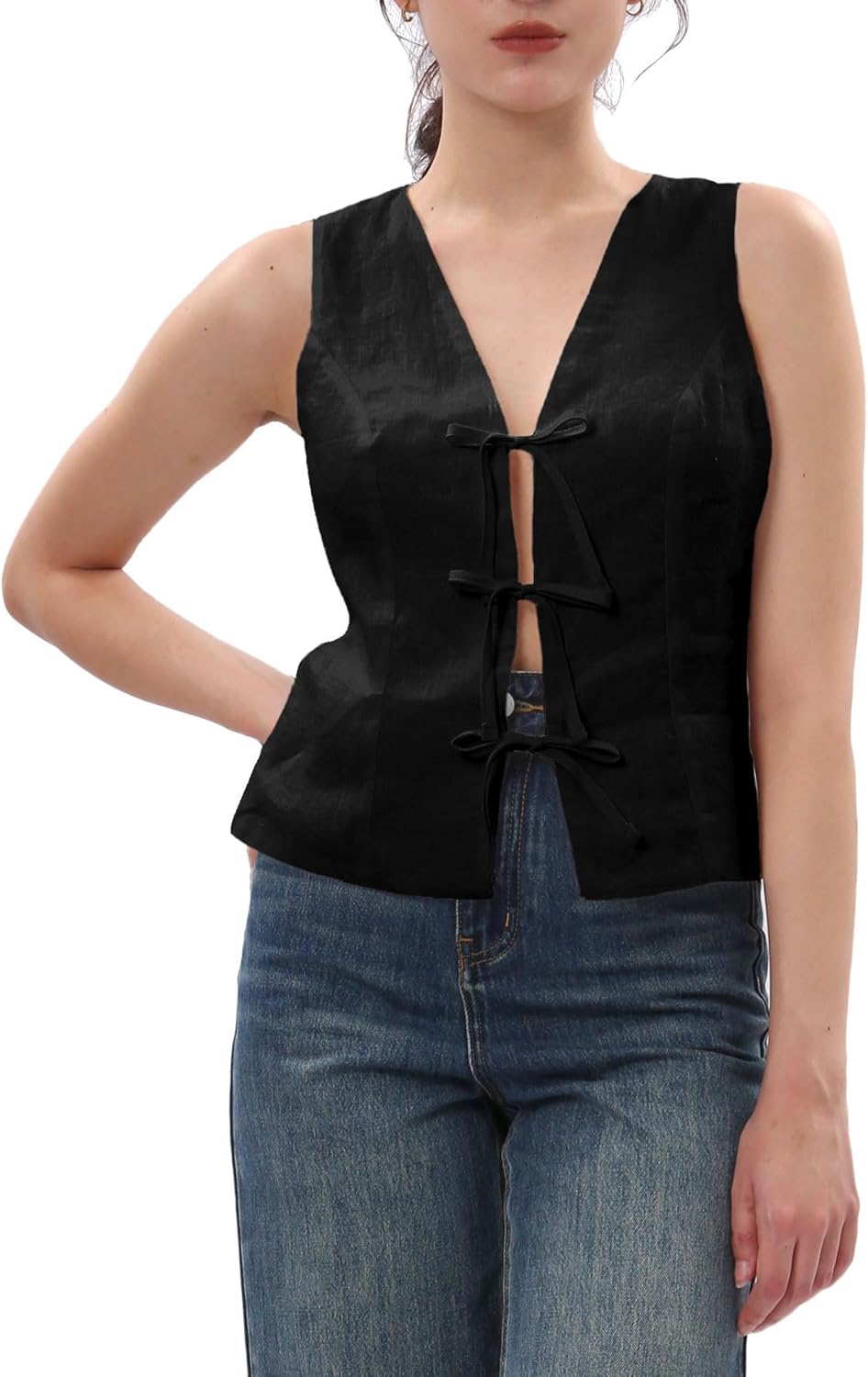 Women's 100% Linen Tie Front Crop Tops Sleeveless Vest