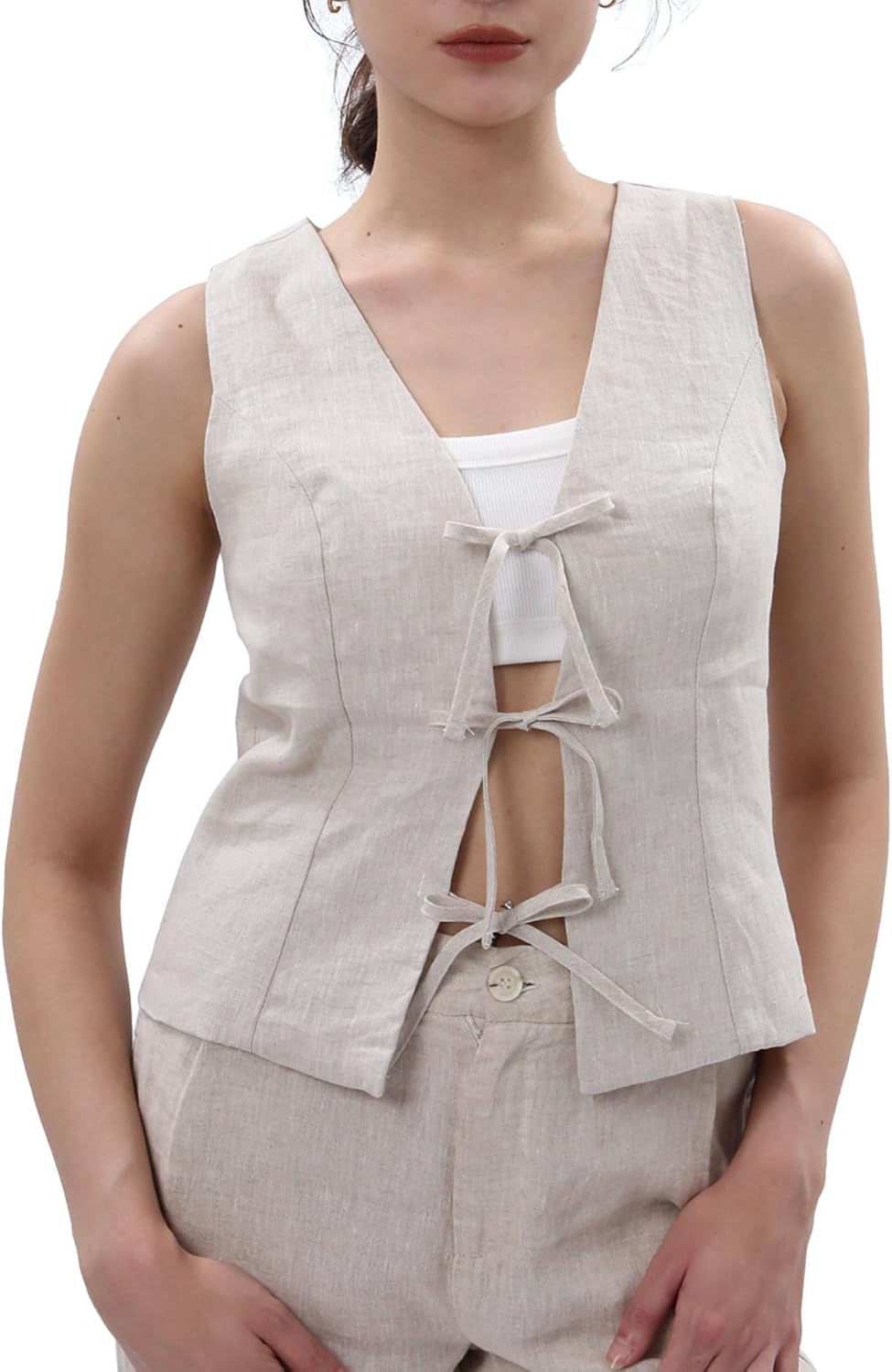 Women's 100% Linen Tie Front Crop Tops Sleeveless Vest