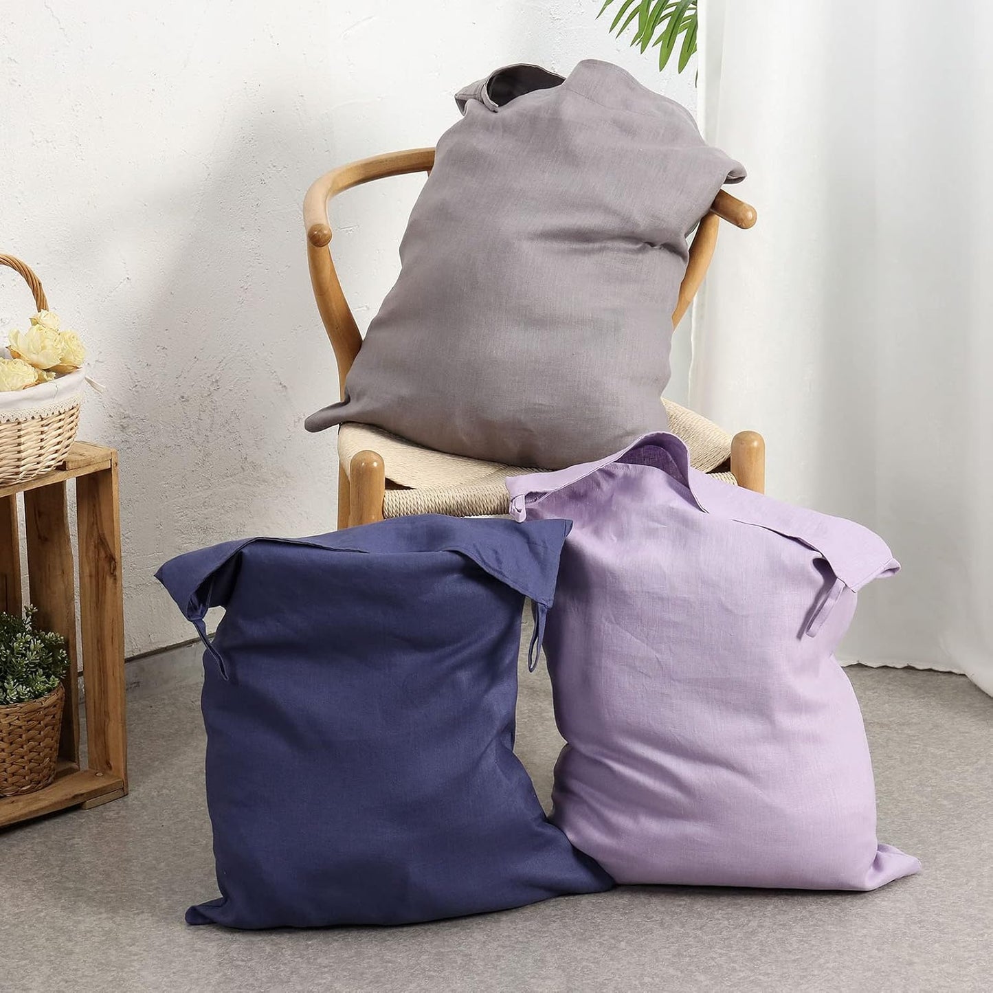100% Linen Over The Door Laundry Hanging Hamper Bag with Bottom Zipper