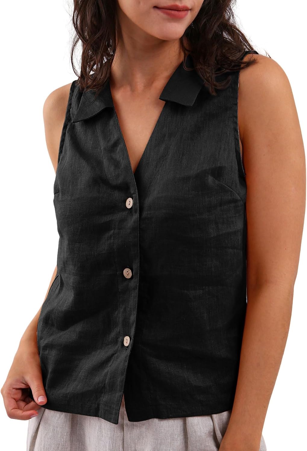 Women's 100% Linen Sleeveless Button-Down Tops Crop Vest