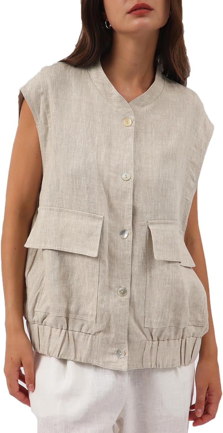 Women' s 100% Linen Sleeveless Button Up Vest Coat