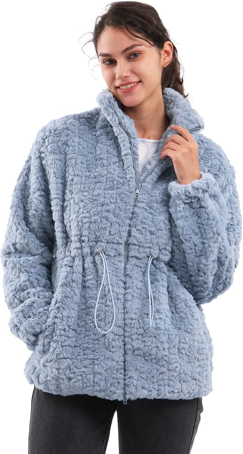 Women's Faux Fur Zip Up Drawstring Jacket