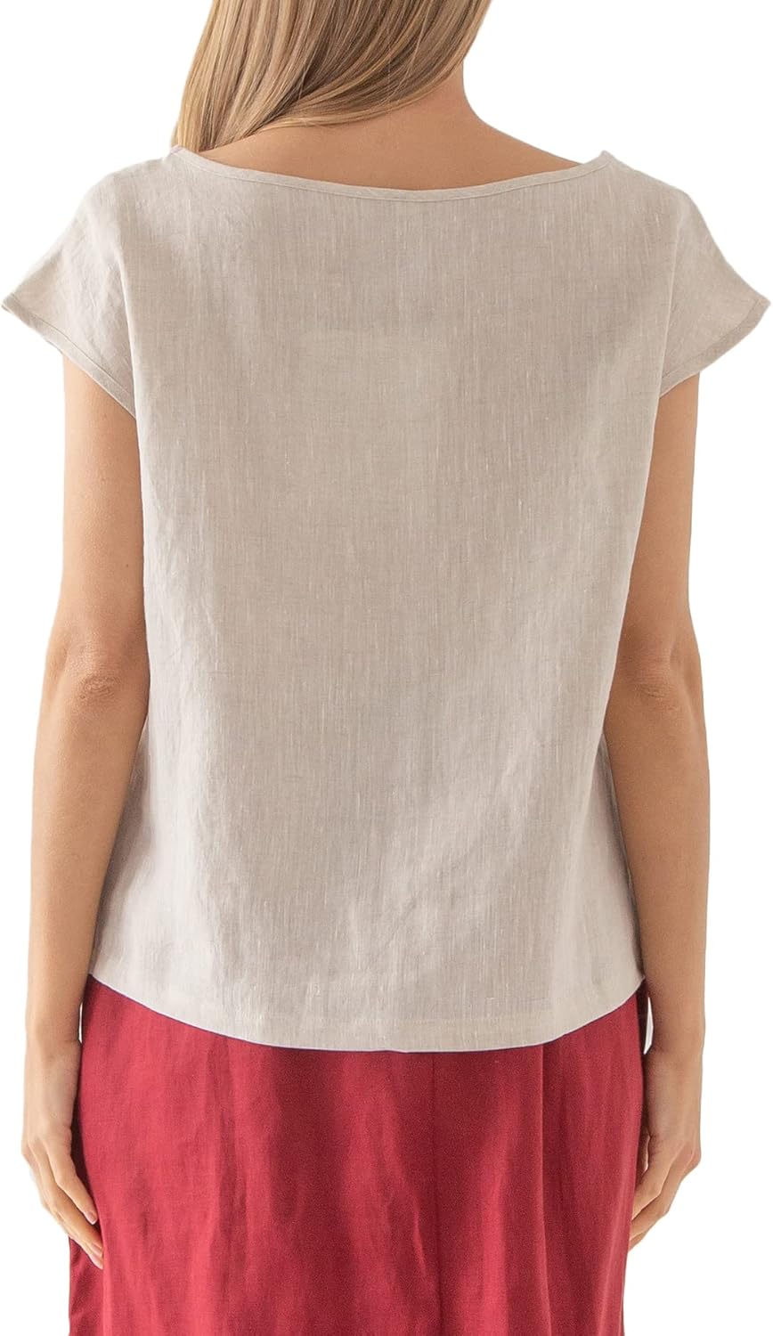 Women's 100% Linen Casual Cap Sleeve Tops Basic Blouse