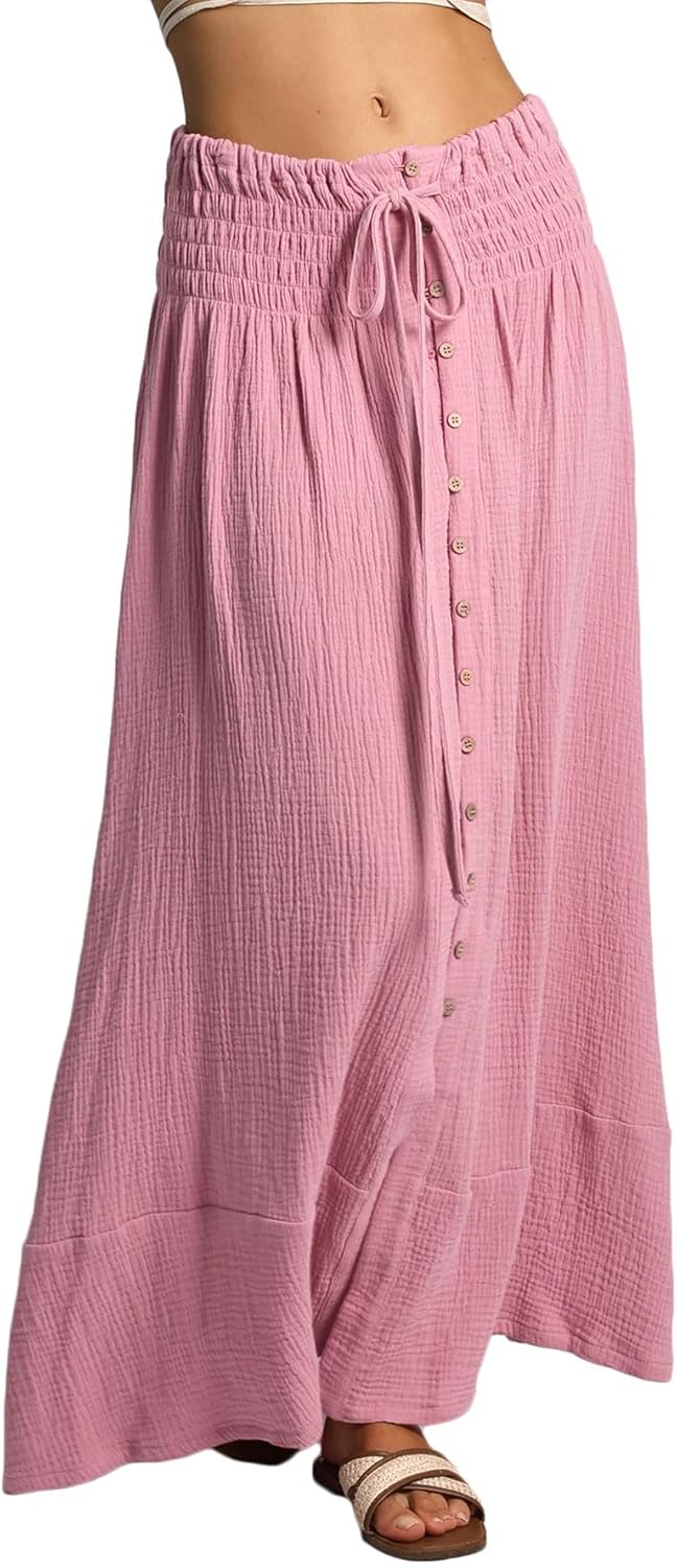 Women's Crinkle Cotton Gauze Button-Front Slit Maxi Skirt