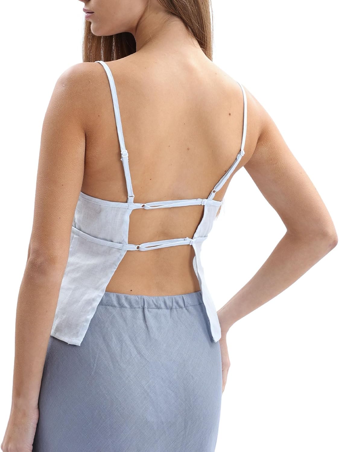 Women‘s 100% Linen Backless Square Neck Spaghetti Strap Tank Tops