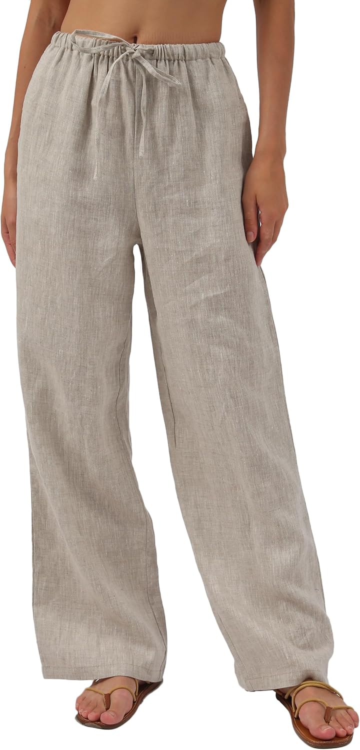Women's 100% Linen Wide Leg Pants with Pockets