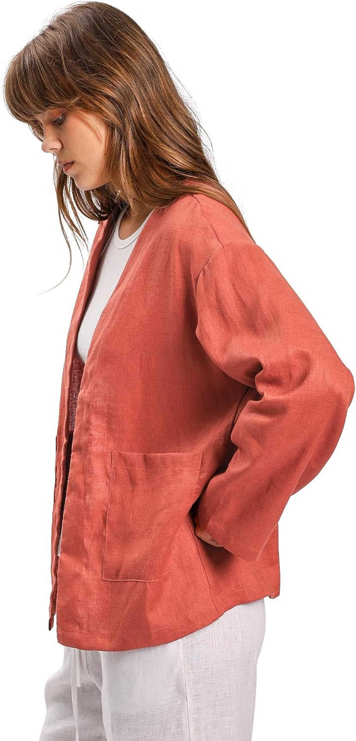 Women's 100% Linen Long Sleeve Open-Front Cardigan