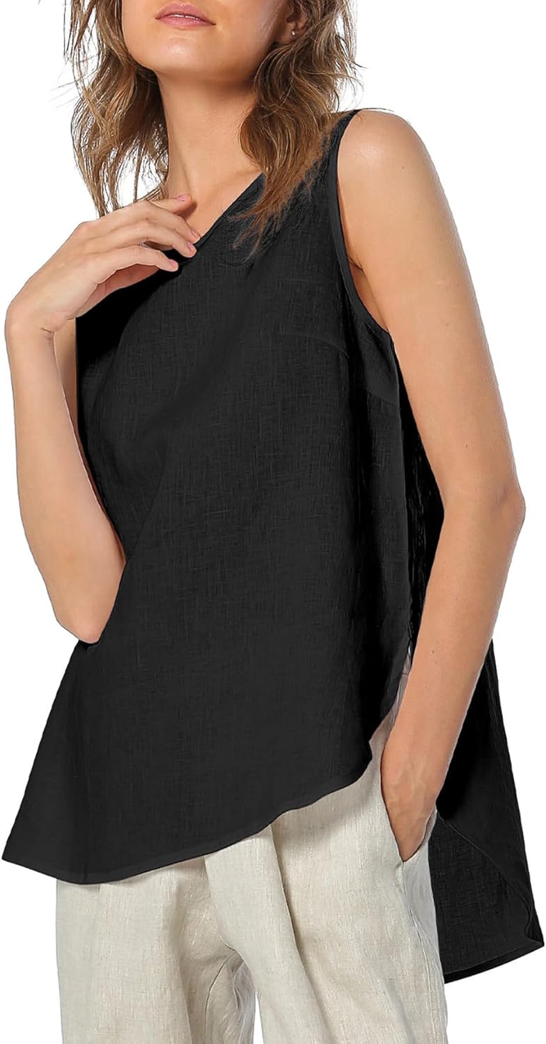 Womens 100% Linen Crewneck Sleeveless Tank Tops
