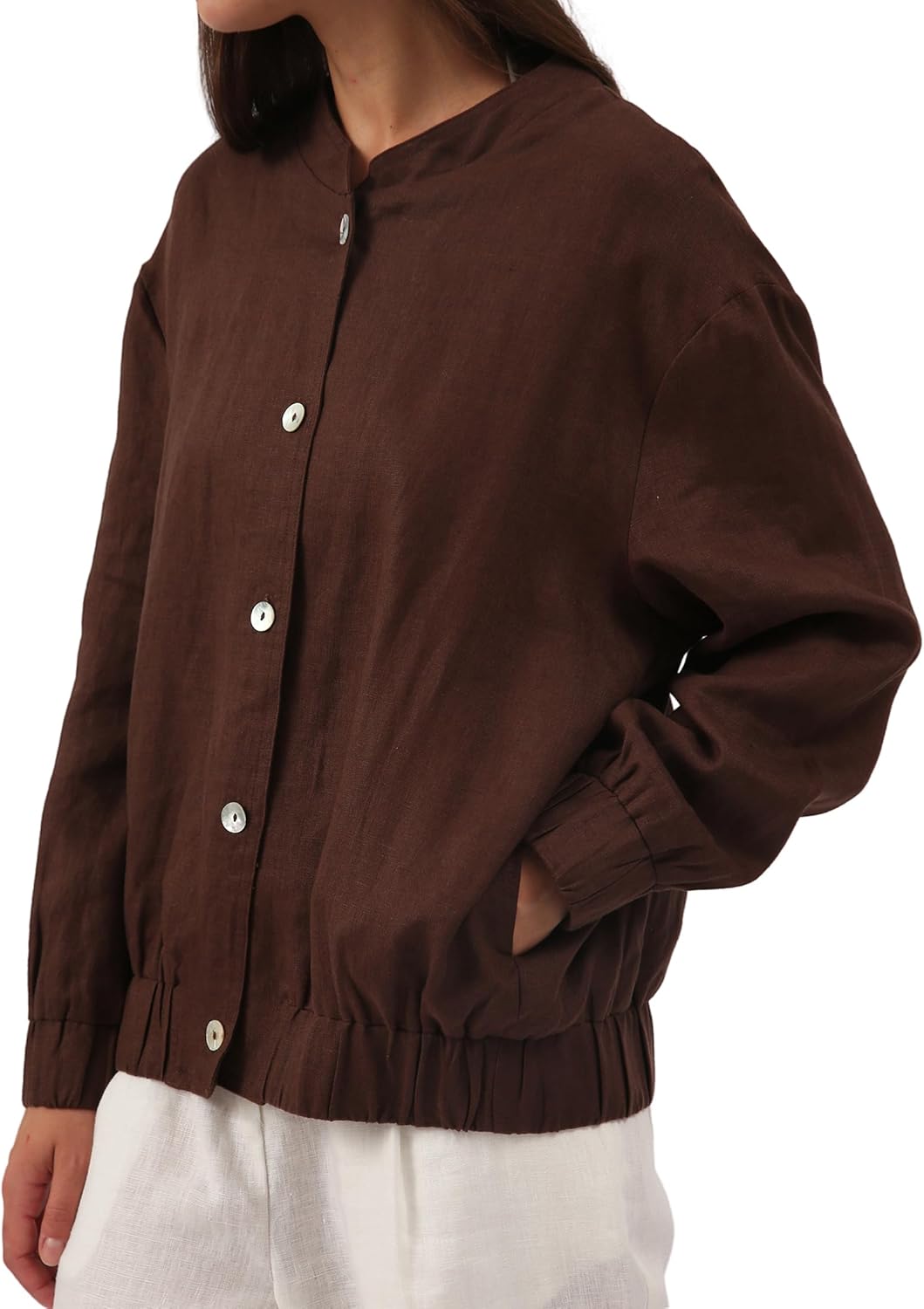 Women's 100% Linen Button Down Bomber Jacket