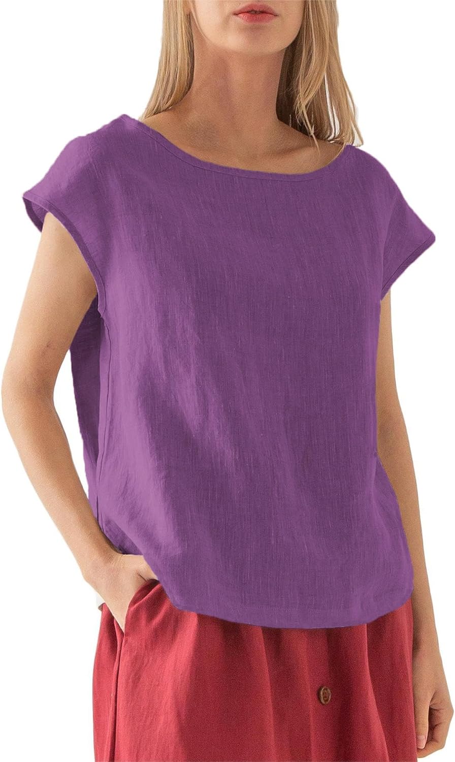 Women's 100% Linen Casual Cap Sleeve Tops Basic Blouse