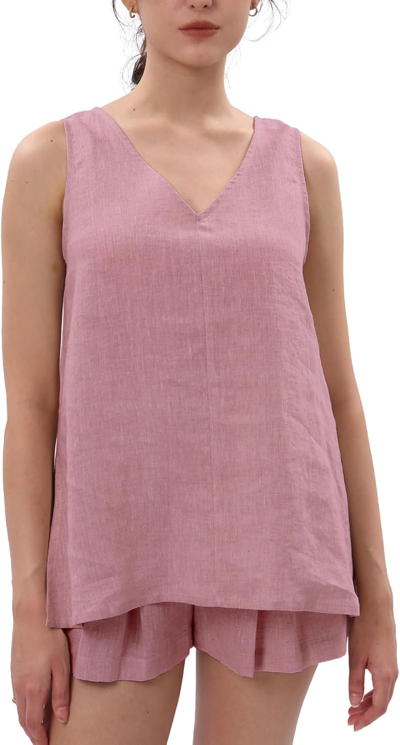 Women's 100% Linen V Neck Sleeveless Tunic Tank Tops