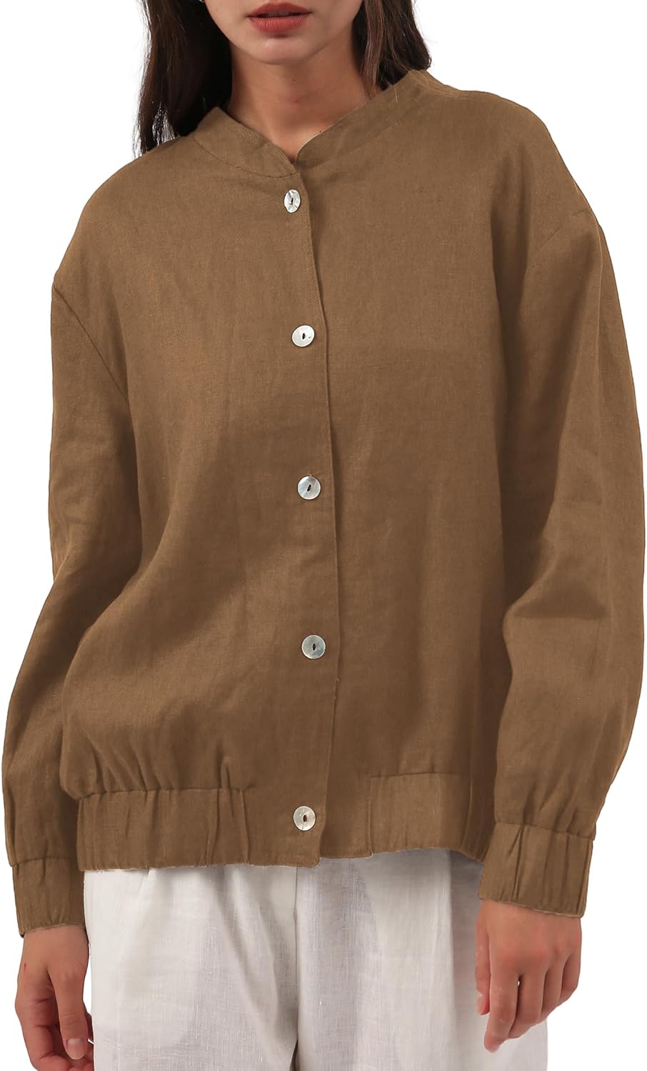 Women's 100% Linen Button Down Bomber Jacket