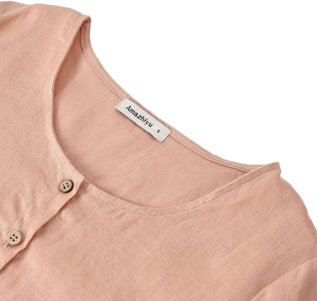 Womens 100% Linen Short Sleeve Blouse Button Down Crop Tops