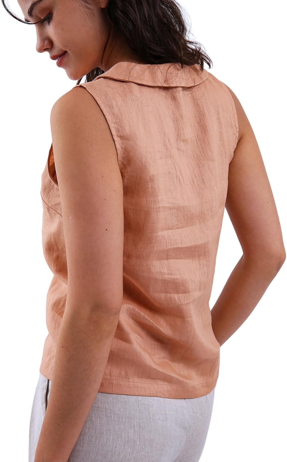 Women's 100% Linen Sleeveless Button-Down Tops Crop Vest