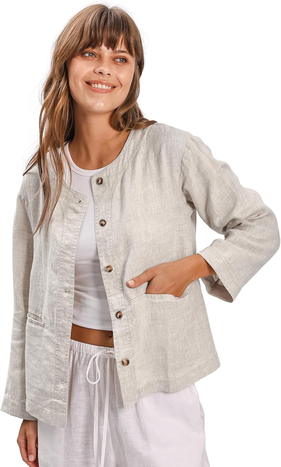 Women's 100% Linen 3/4 Sleeve Button Up Cardigan