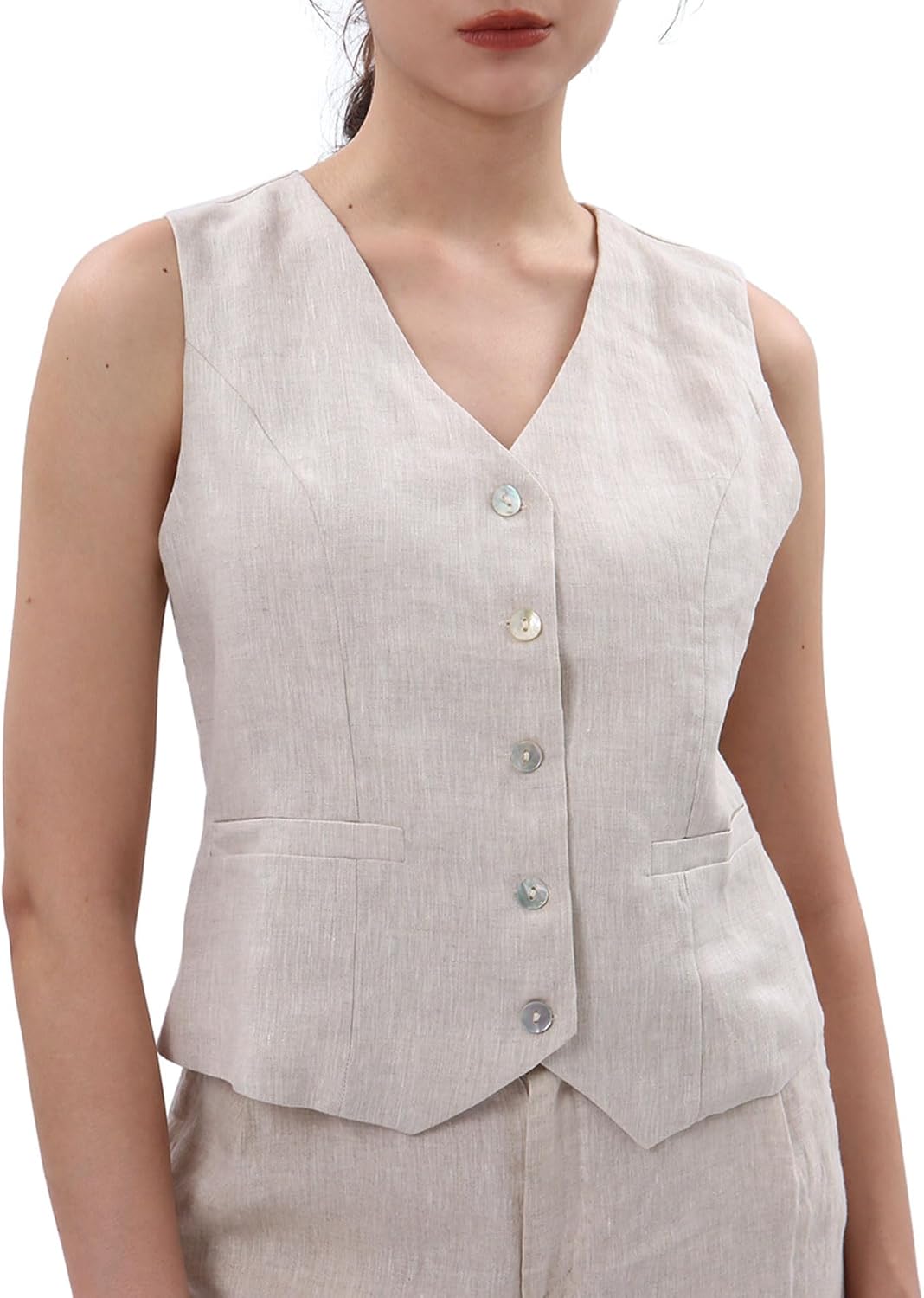 Women's 100% Linen Button Down Waistcoat Sleeveless Crop Top