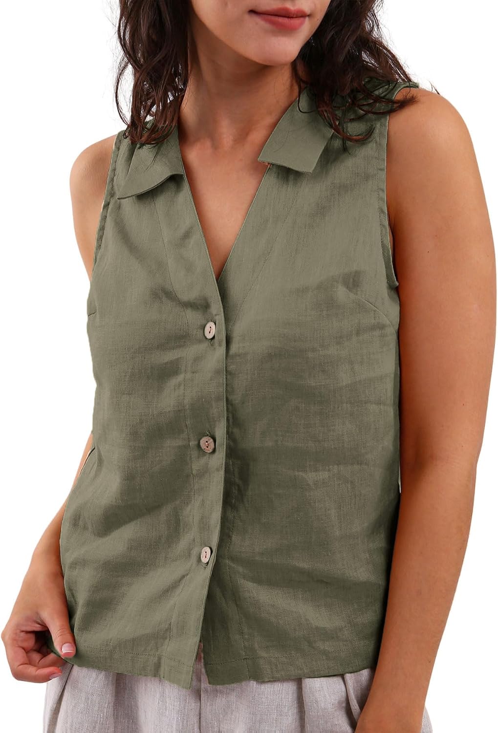 Women's 100% Linen Sleeveless Button-Down Tops Crop Vest