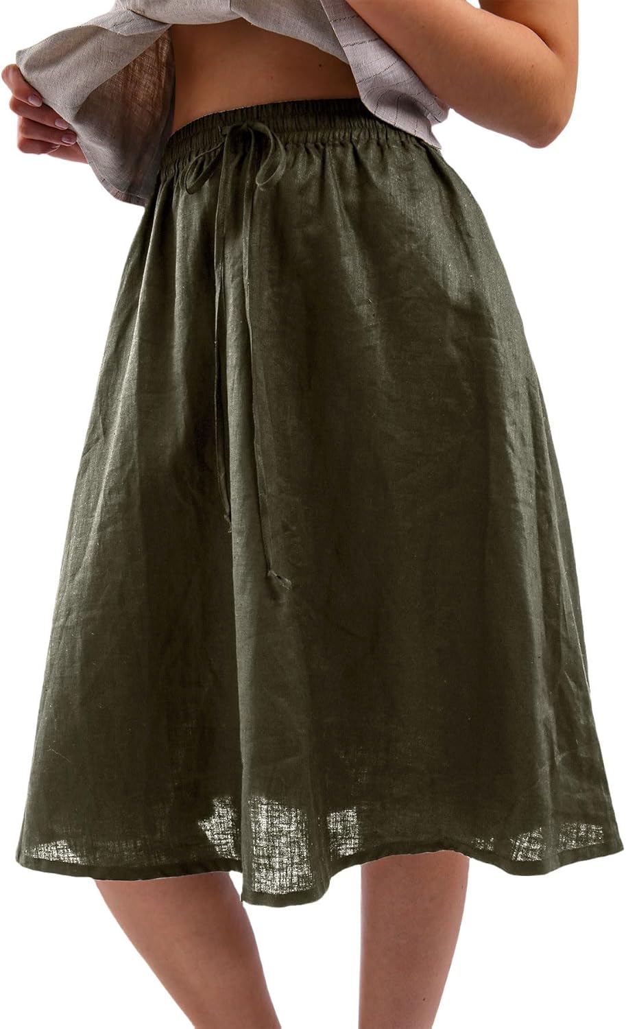 Women's 100% Linen A Line Pleated Midi Skirt