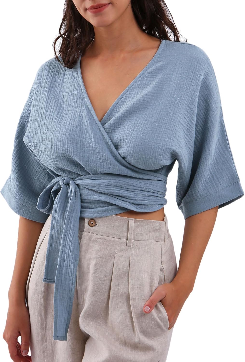 Women's Cotton Gauze Short Sleeve Crop Tops Self Tie Wrap Blouse