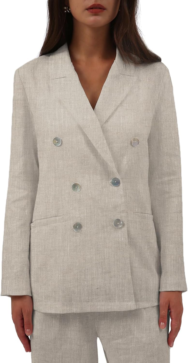 Women's 100% Linen Double-Breasted Notched Blazer