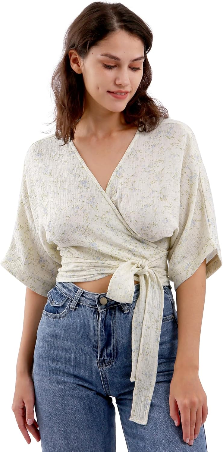 Women's Cotton Gauze Short Sleeve Crop Tops Self Tie Wrap Blouse
