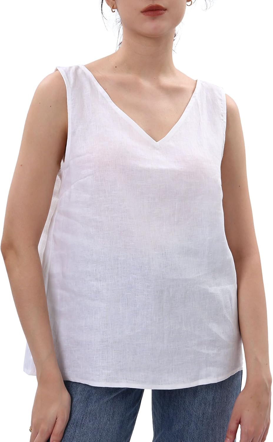 Women's 100% Linen Sleeveless V Neck Tank Tops