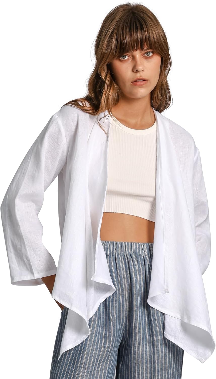Women's 100% Linen Draped Open Asymmetric Cardigan