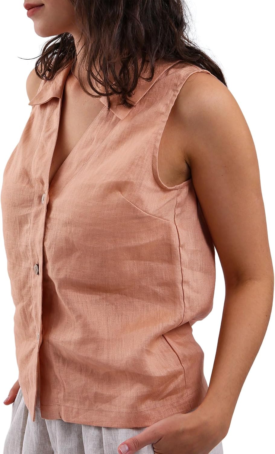 Women's 100% Linen Sleeveless Button-Down Tops Crop Vest