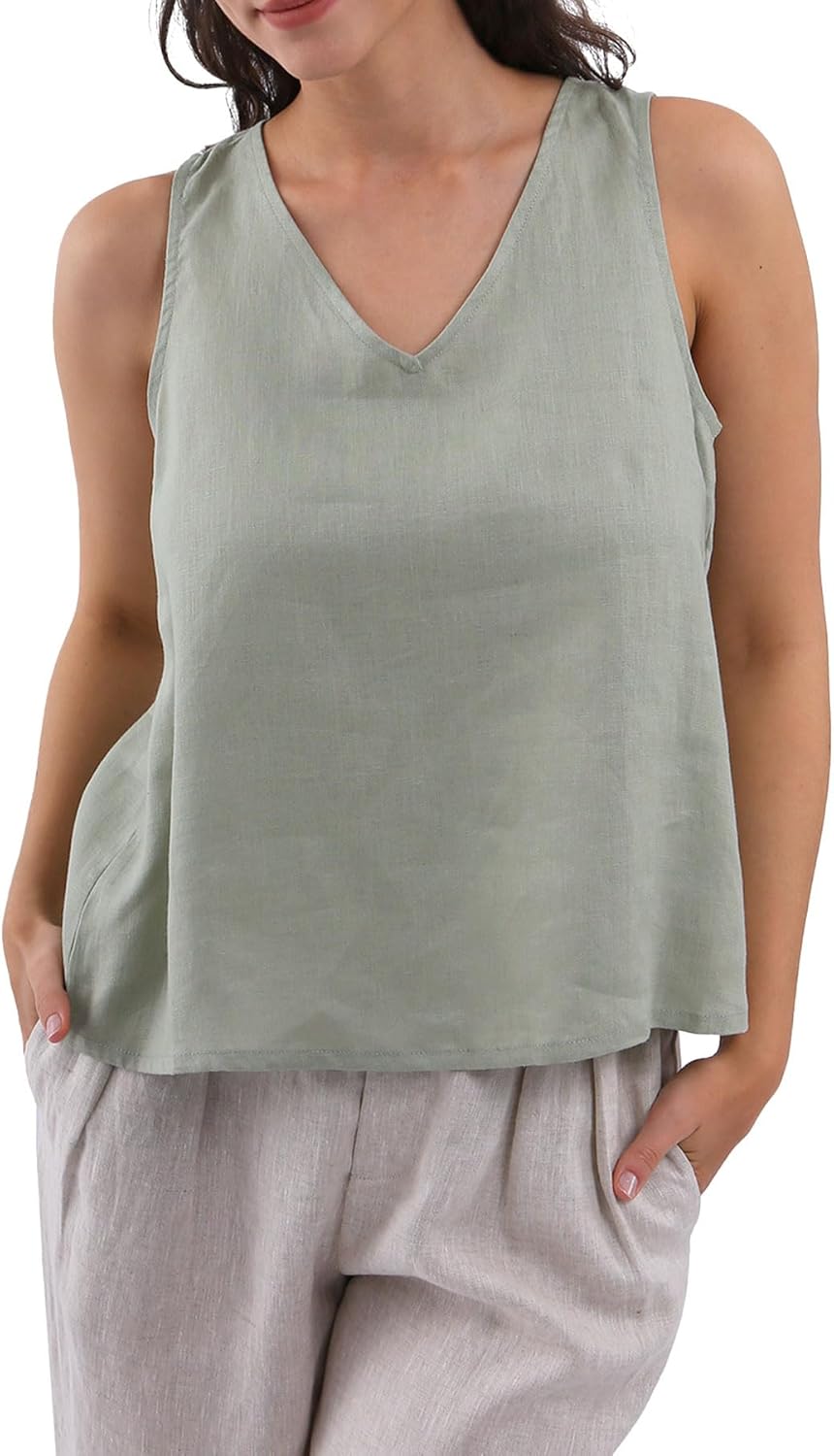 Women's 100% Linen Tie Back Sleeveless Tank Tops