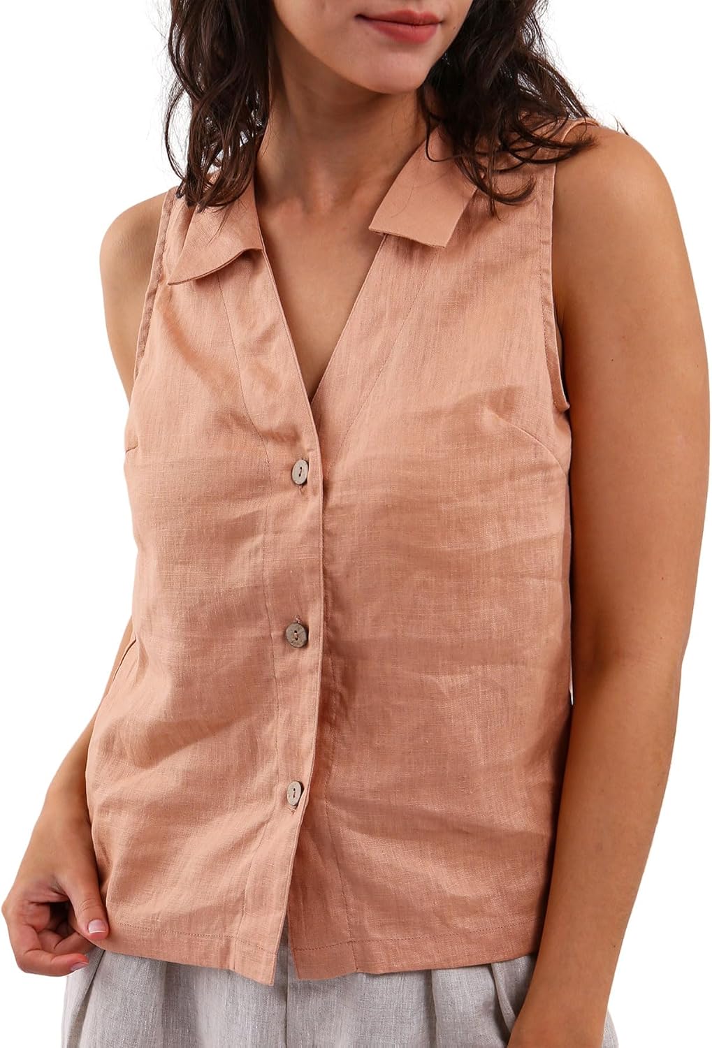 Women's 100% Linen Sleeveless Button-Down Tops Crop Vest