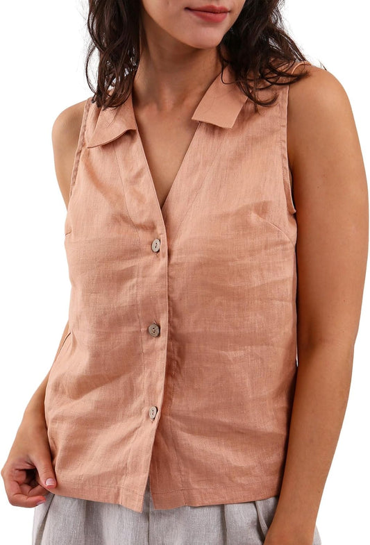 Women's 100% Linen Sleeveless Button-Down Tops Crop Vest