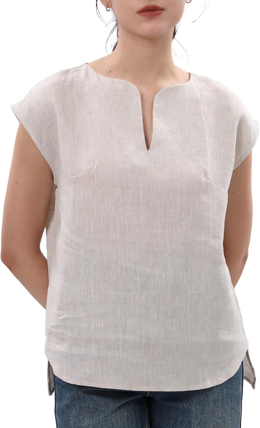 Women's 100% Linen Cap Sleeve Blouse Basic Top