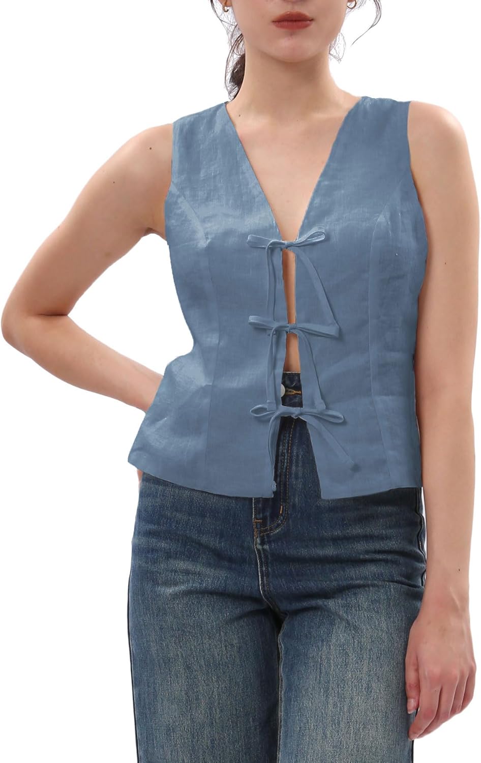 Women's 100% Linen Tie Front Crop Tops Sleeveless Vest