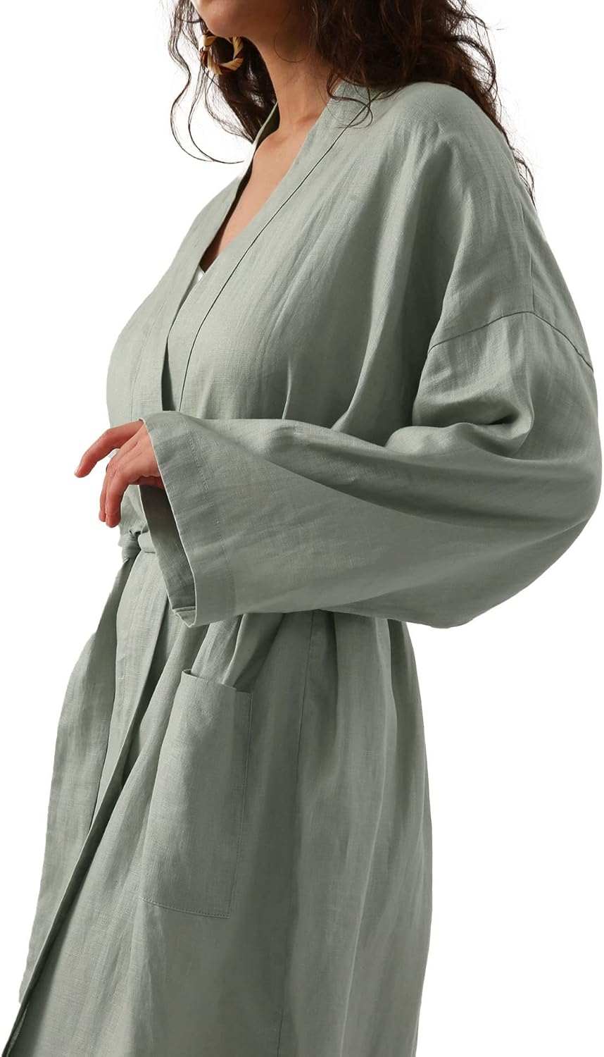 Women's 100% Linen Mid Length Kimono Robes Long Sleeve Bathrobe