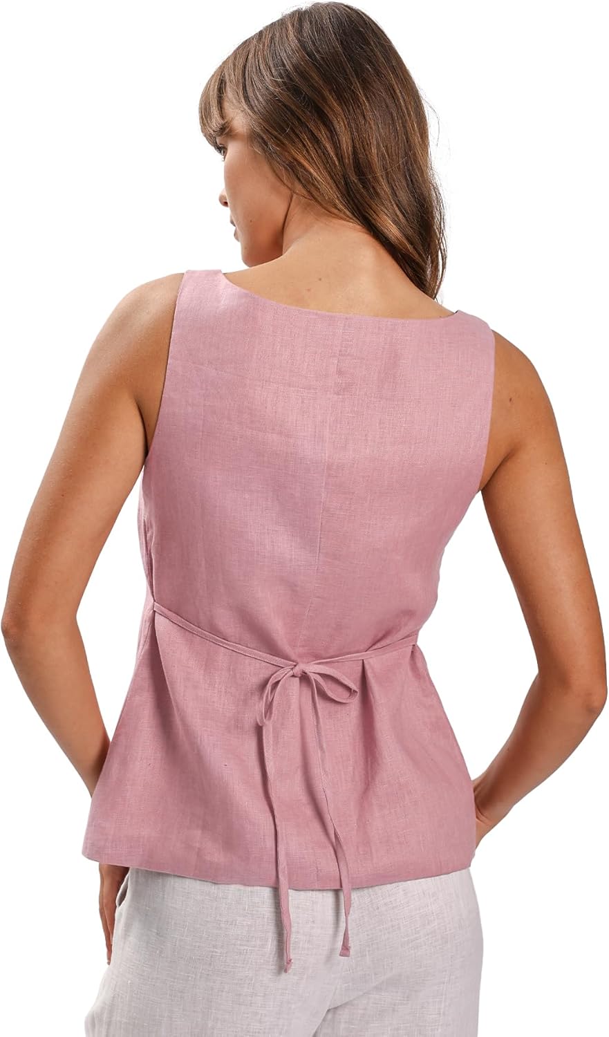 Women's 100% Linen Square Neck Vest Tops Button Up Waistcoat