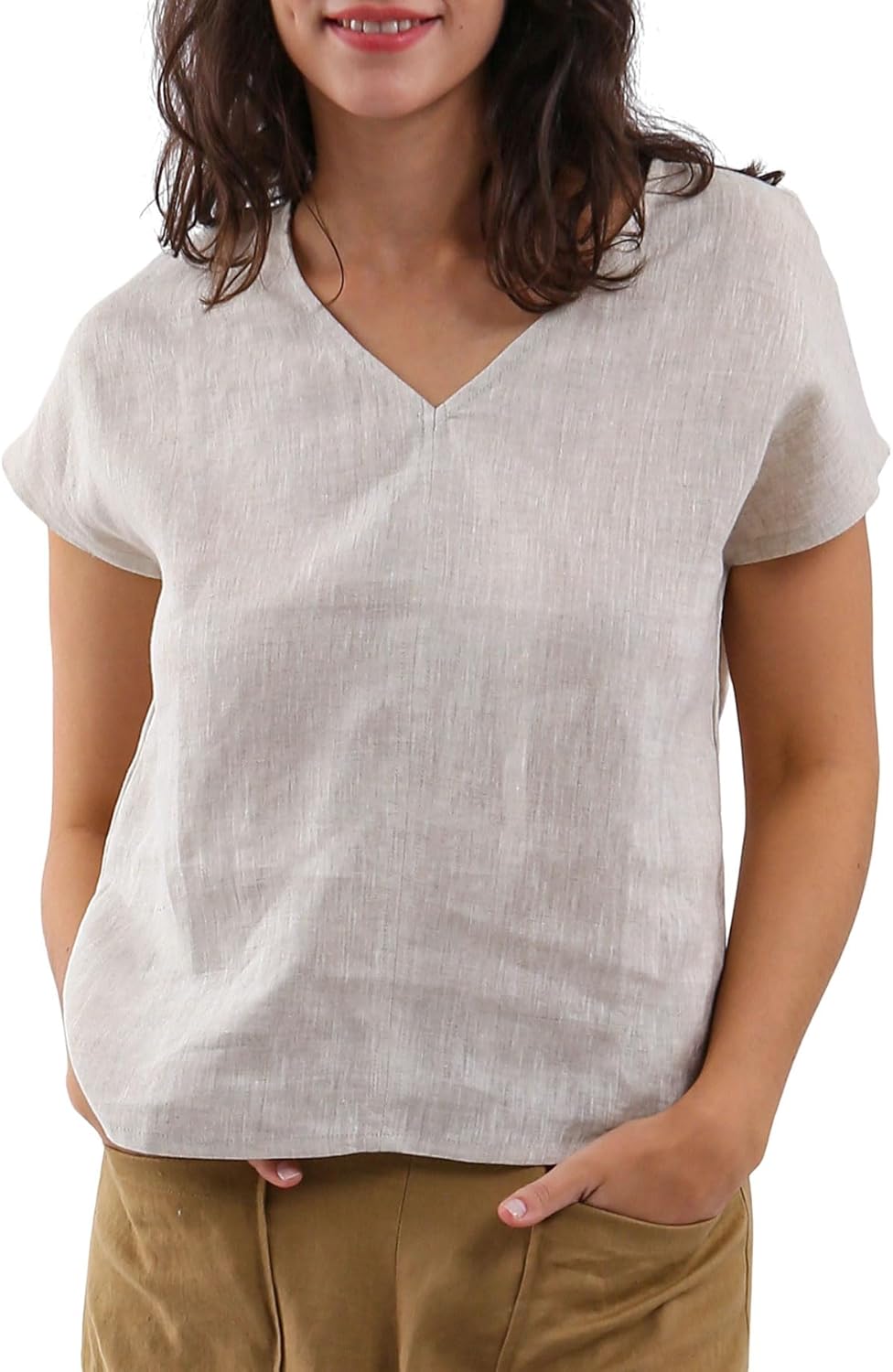 Women's 100% Linen V Neck Short Sleeve Tops