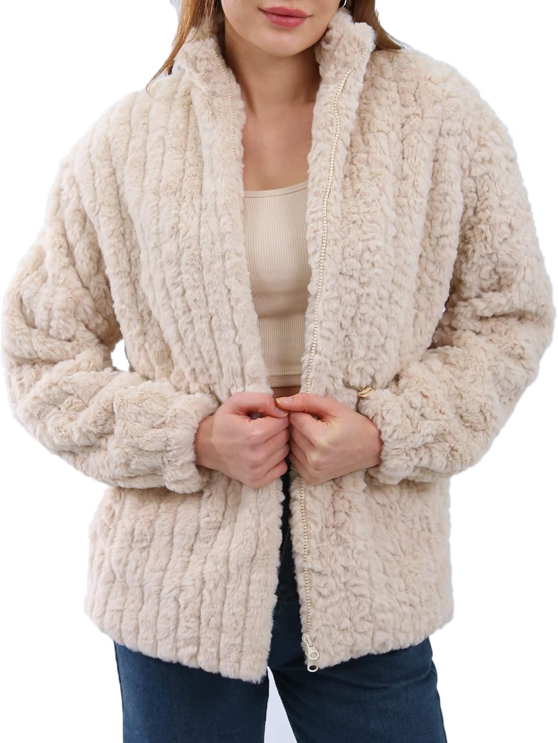 Women's Faux Fur Zip Up Drawstring Jacket