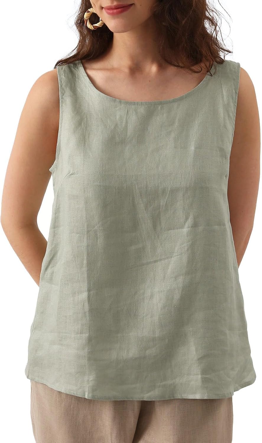 Women's 100% Linen Crewneck Sleeveless Tank Tops