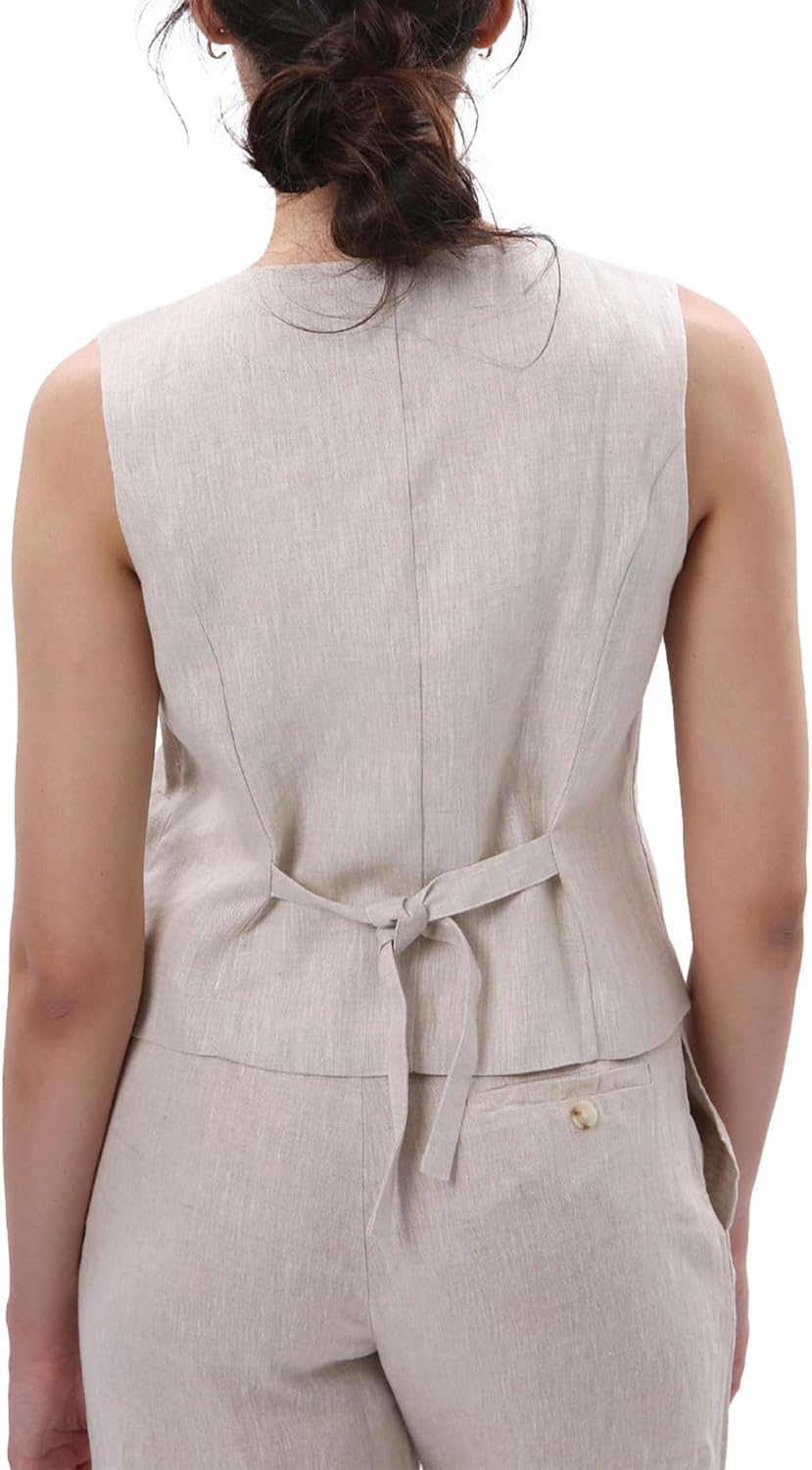 Women's 100% Linen Button Down Waistcoat Sleeveless Crop Top