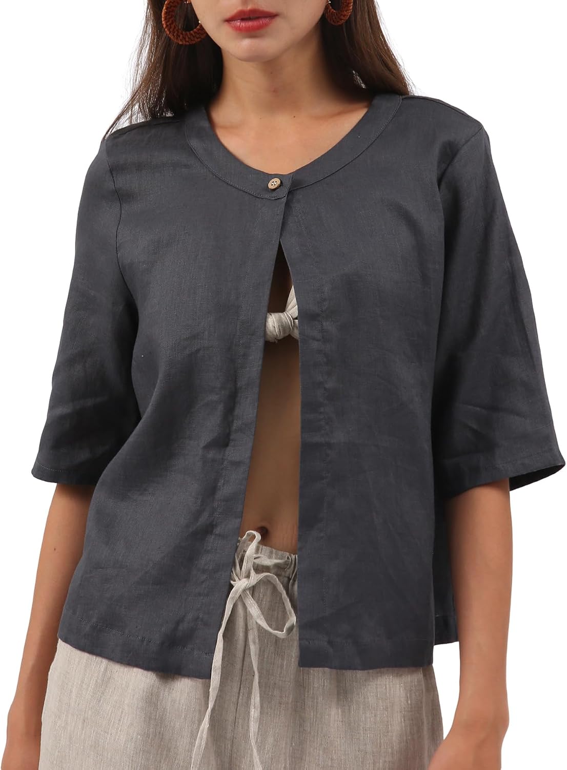 Women's 100% Linen Open Front Elbow Sleeve Cropped Cardigan