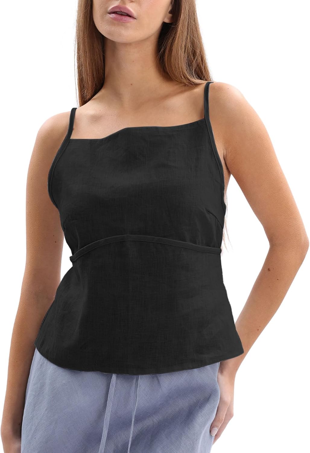 Women‘s 100% Linen Backless Square Neck Spaghetti Strap Tank Tops