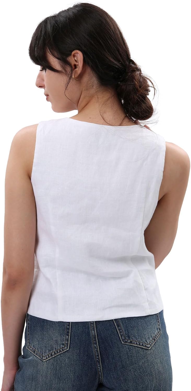 Women's 100% Linen Tie Front Crop Tops Sleeveless Vest